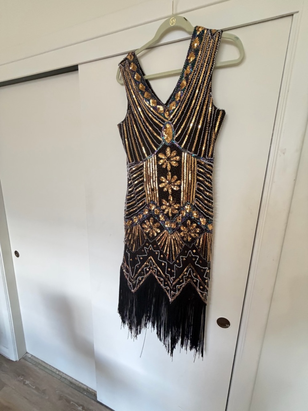 Black and Gold Beaded Fringe Midi Dress